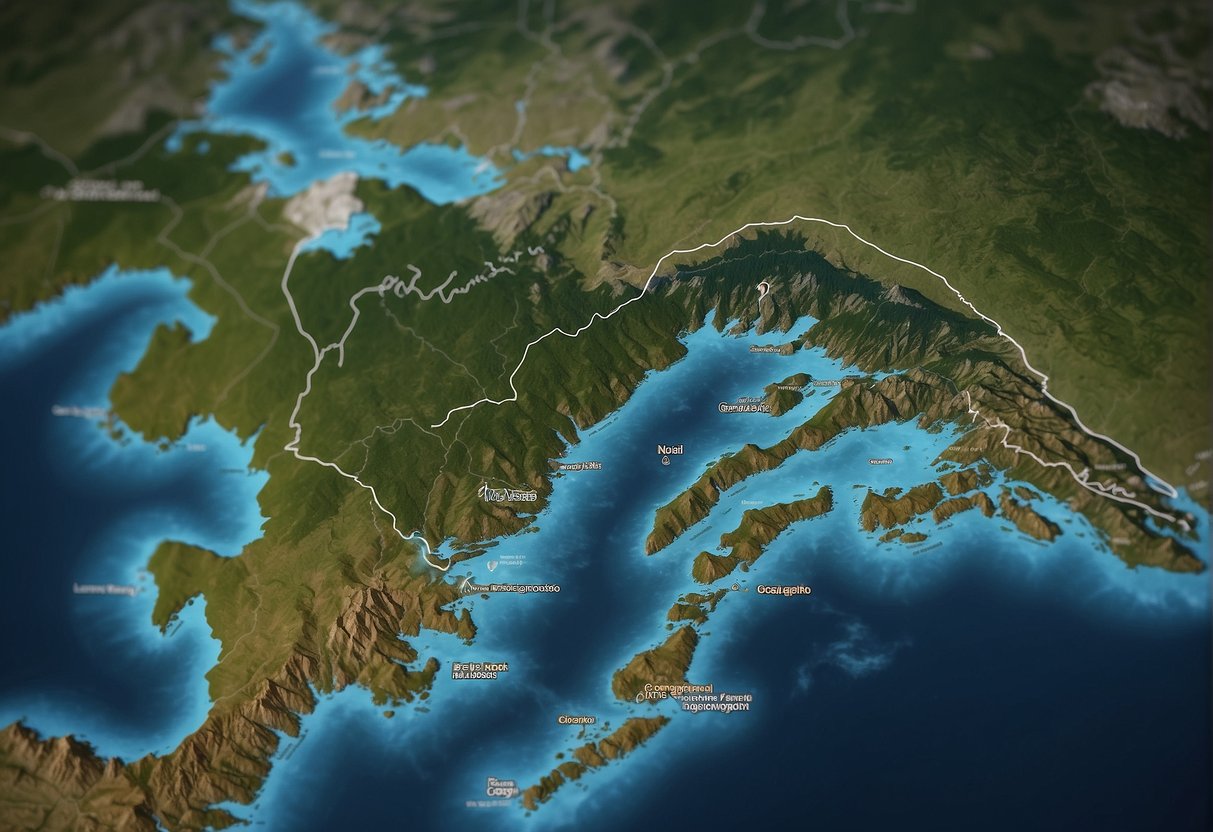 A map of Alaska surrounded by water, with mountains and forests in the background, showcasing its geographical features