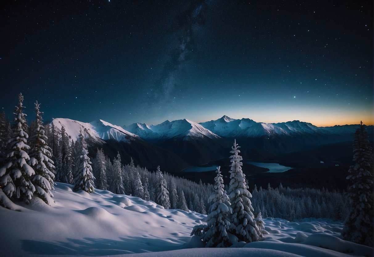 The Alaskan landscape is shrouded in darkness during the months of November, December, and January, with snow-covered mountains and forests under a starry night sky