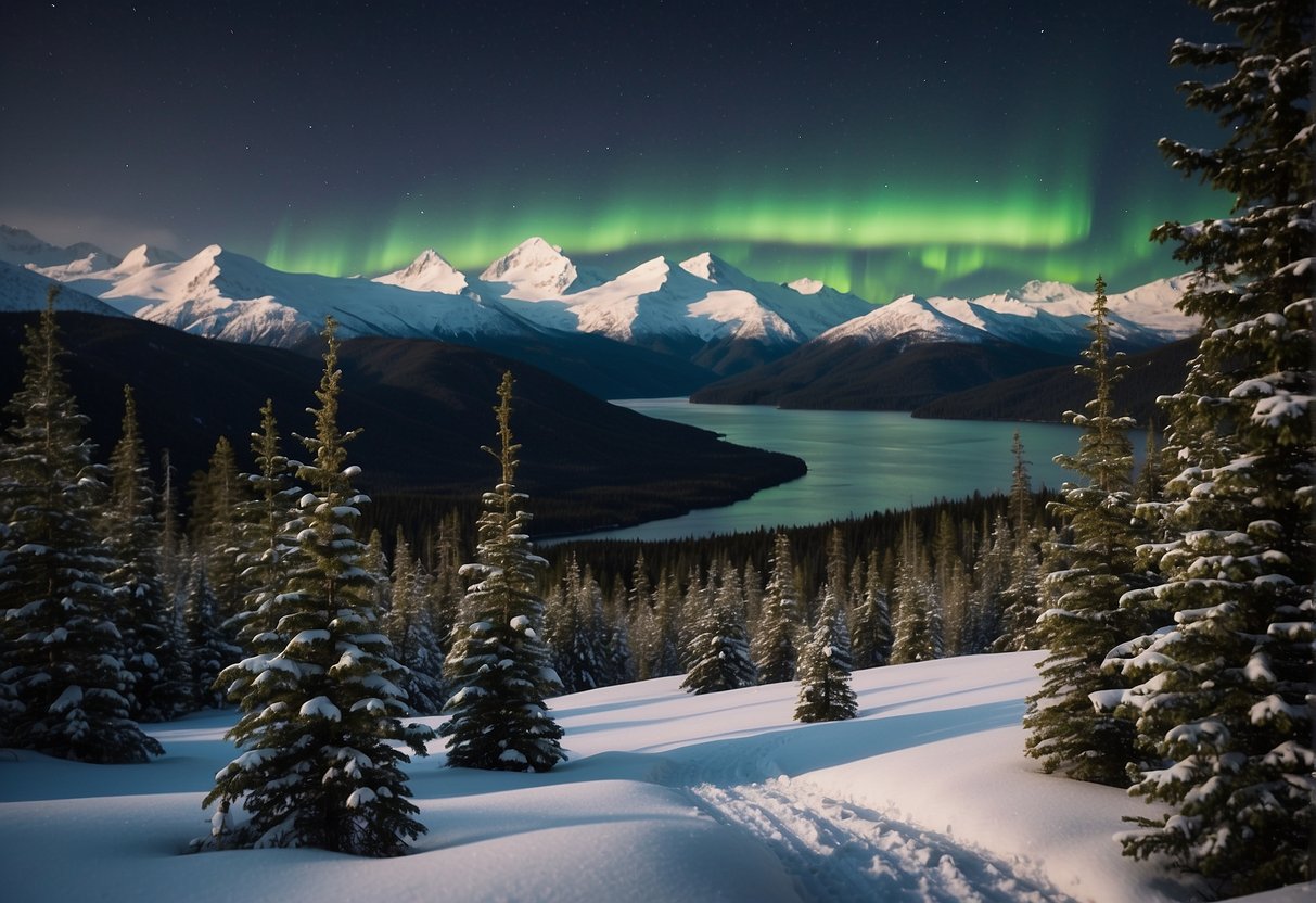 Alaska's unique daylight cycle: A landscape with snow-covered mountains under a dark sky, surrounded by a few scattered trees and a hint of the northern lights