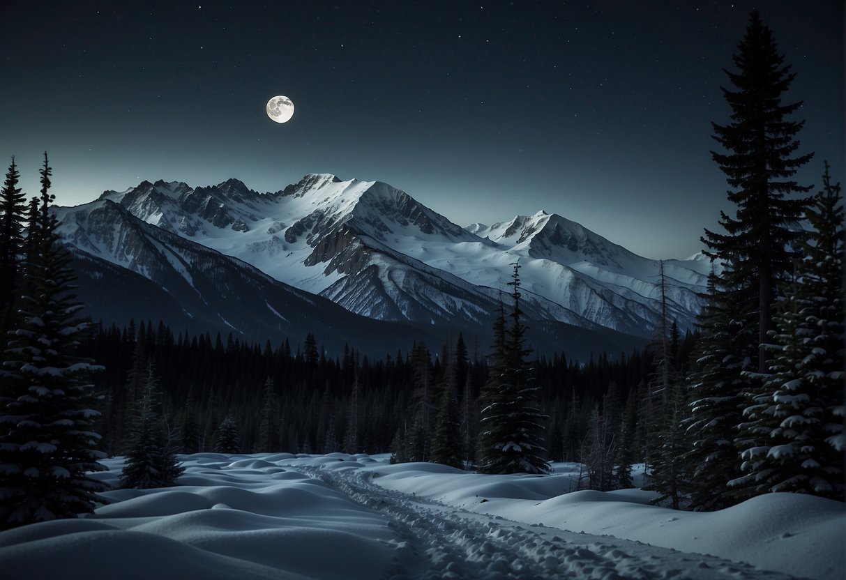 The Alaskan darkness envelops the landscape, with the faint glow of the moon casting eerie shadows on the snow-covered terrain. The silhouettes of towering mountains and pine trees create a stark and haunting contrast against the inky black sky