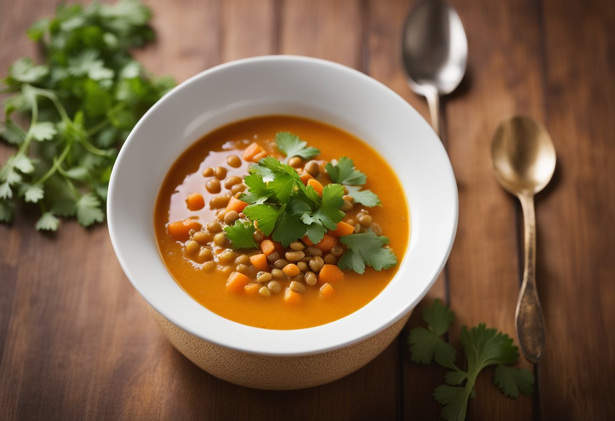 A steaming bowl of Carrot and Lentil Soup garnished with fresh cilantro