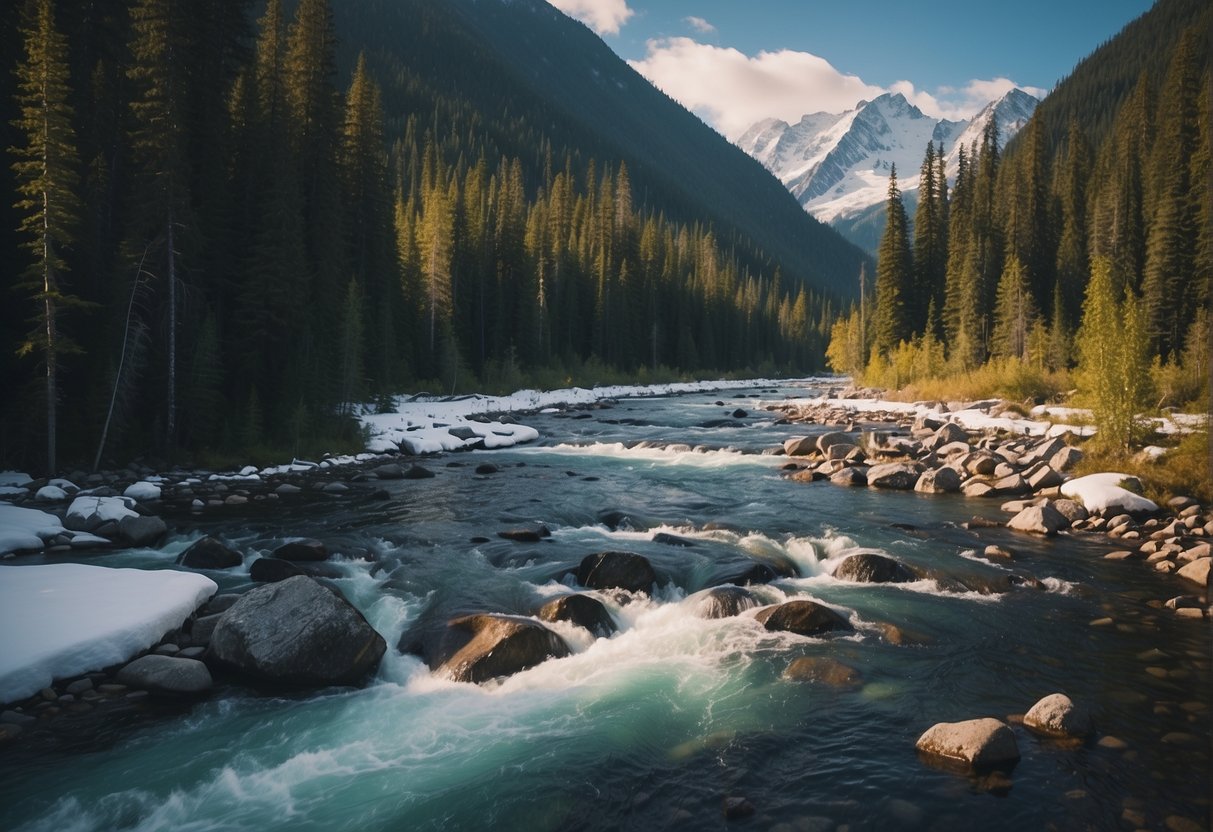 Jesse fishes in a tranquil Alaskan river, surrounded by snow-capped mountains and dense pine forests