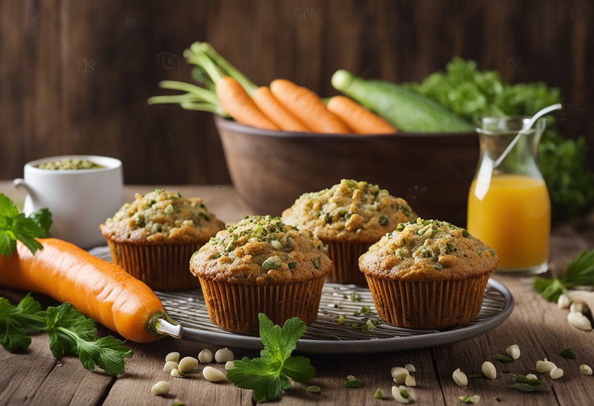 Zucchini and Carrot Muffins with Chia Seeds on a rustic wooden table with a scattering of fresh zucchini, carrots, and chia seeds