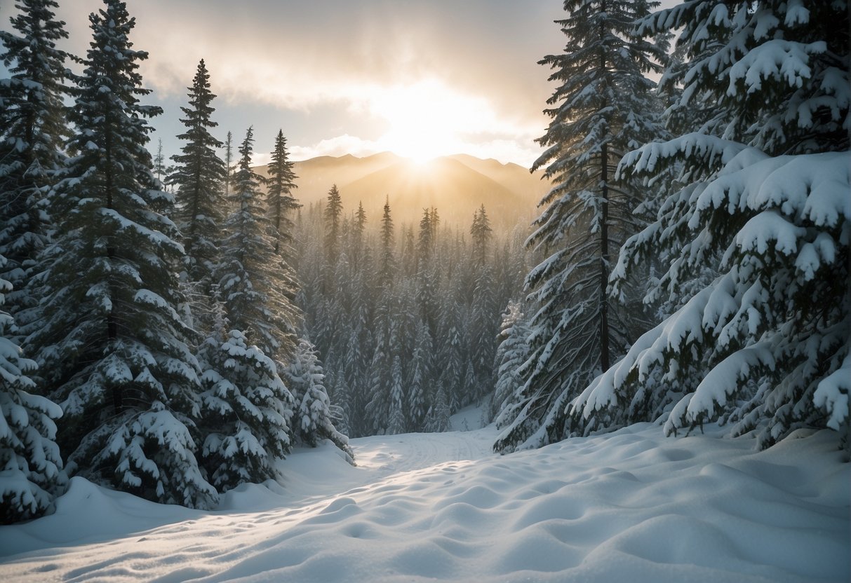 Snow blankets the Alaskan landscape, with evergreen trees dusted in white. Best time to visit for seasonal snowfall