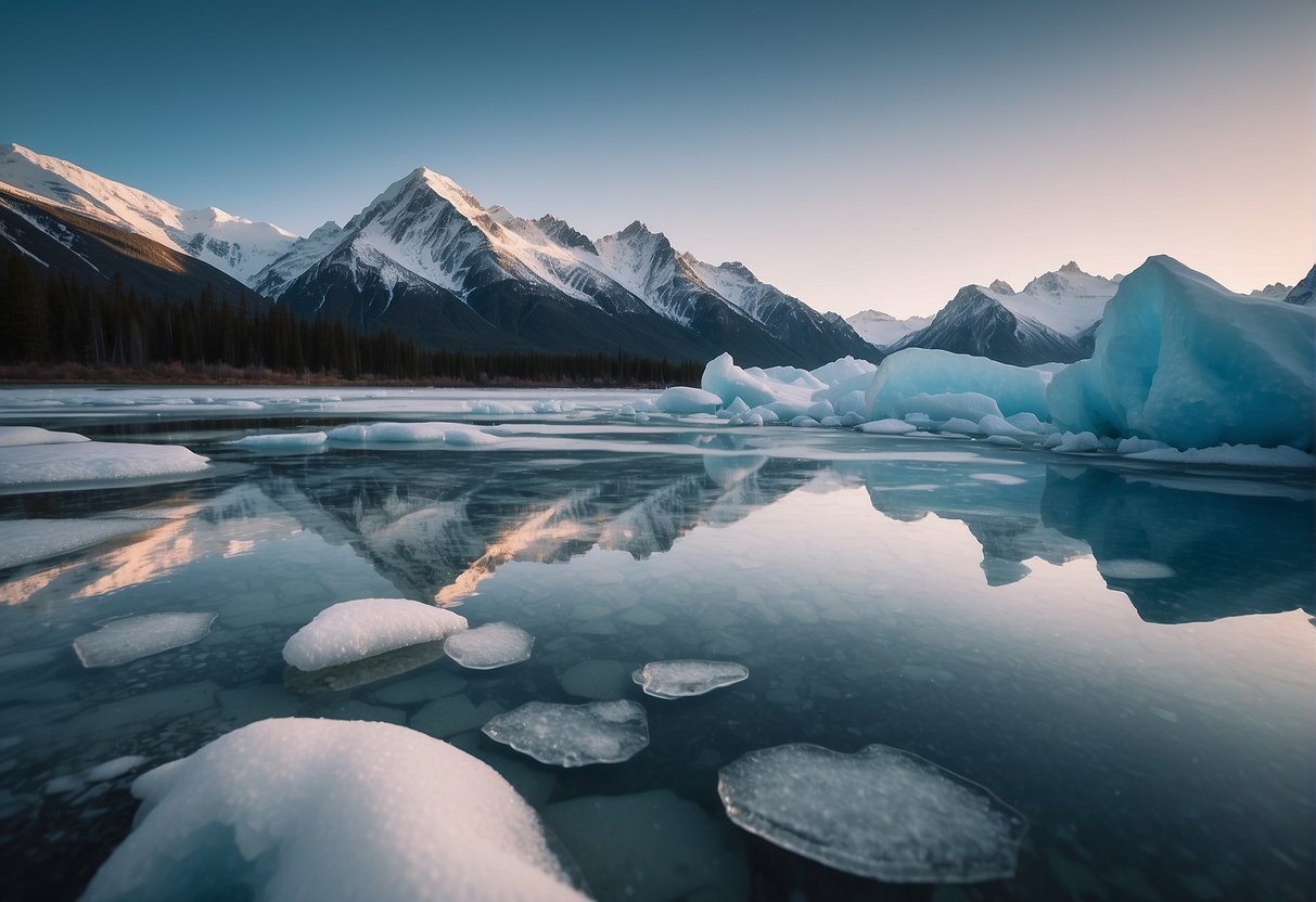 Alaska's icy landscape with snow-covered mountains and frozen lakes