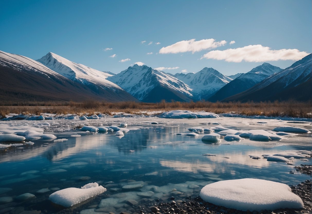 Alaska's climate: snowy mountains, icy rivers, and frozen tundra under a clear blue sky