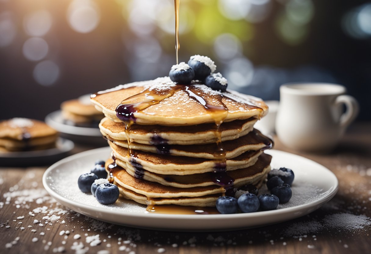 A plate of oat and blueberry pancakes sits on a wooden table, drizzled with syrup and sprinkled with powdered sugar