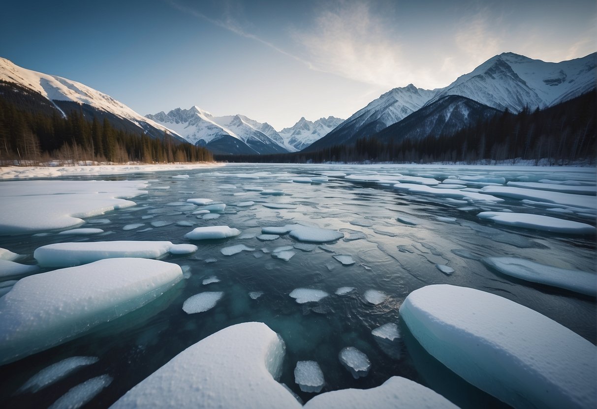 A snowy landscape with icy mountains and frozen rivers, depicting the extreme cold of Alaska