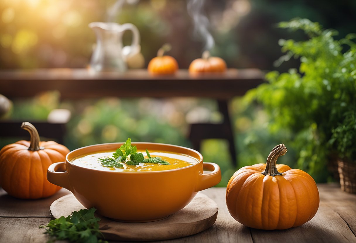 Roasted Pumpkin Soup with Coconut Milk and Ginger. A steaming bowl on a rustic wooden table, surrounded by vibrant orange pumpkins and fresh green herbs