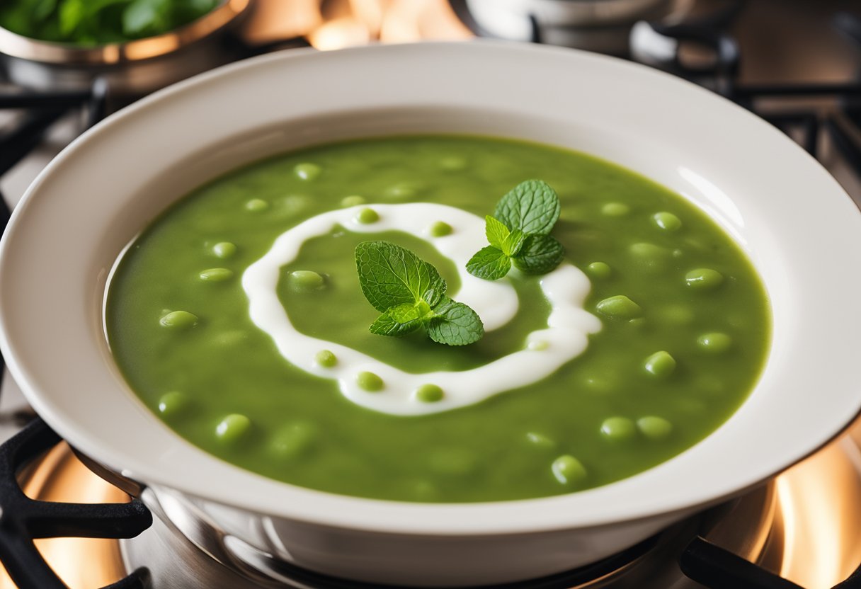 A pot of pea and mint soup with coconut milk simmering on a stove