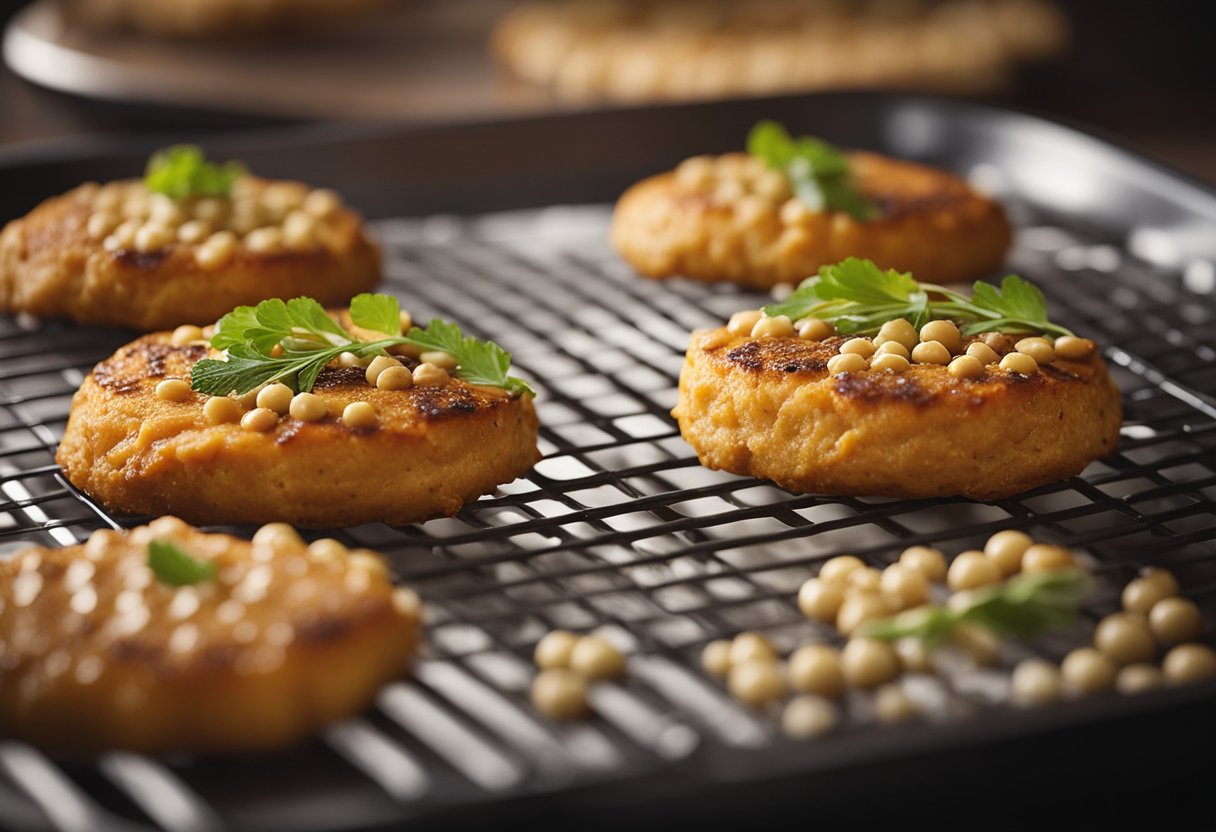 Sweet potato and chickpea patties baking in the oven. Steam rises from the golden brown patties as they sit on a parchment-lined baking sheet