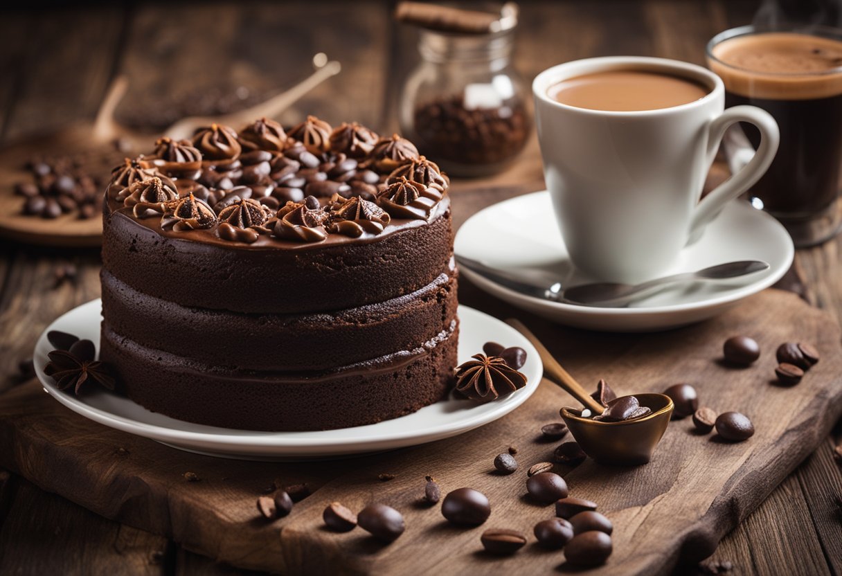 A chocolate and coffee gluten-free and sugar-free cake on a rustic wooden table with a steaming cup of coffee next to it