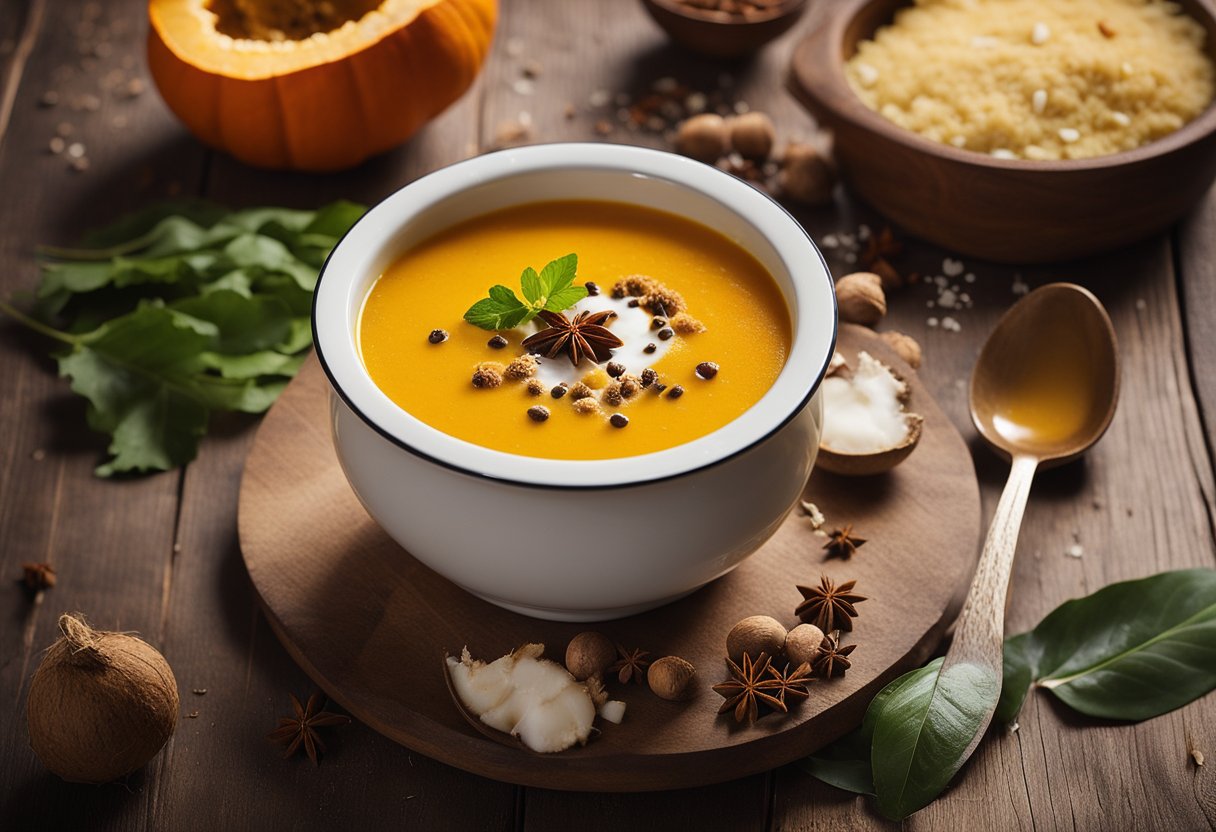 Roasted Pumpkin Soup with Coconut Milk, Ginger, and Spices. A steaming bowl sits on a rustic wooden table, surrounded by scattered spices and a coconut