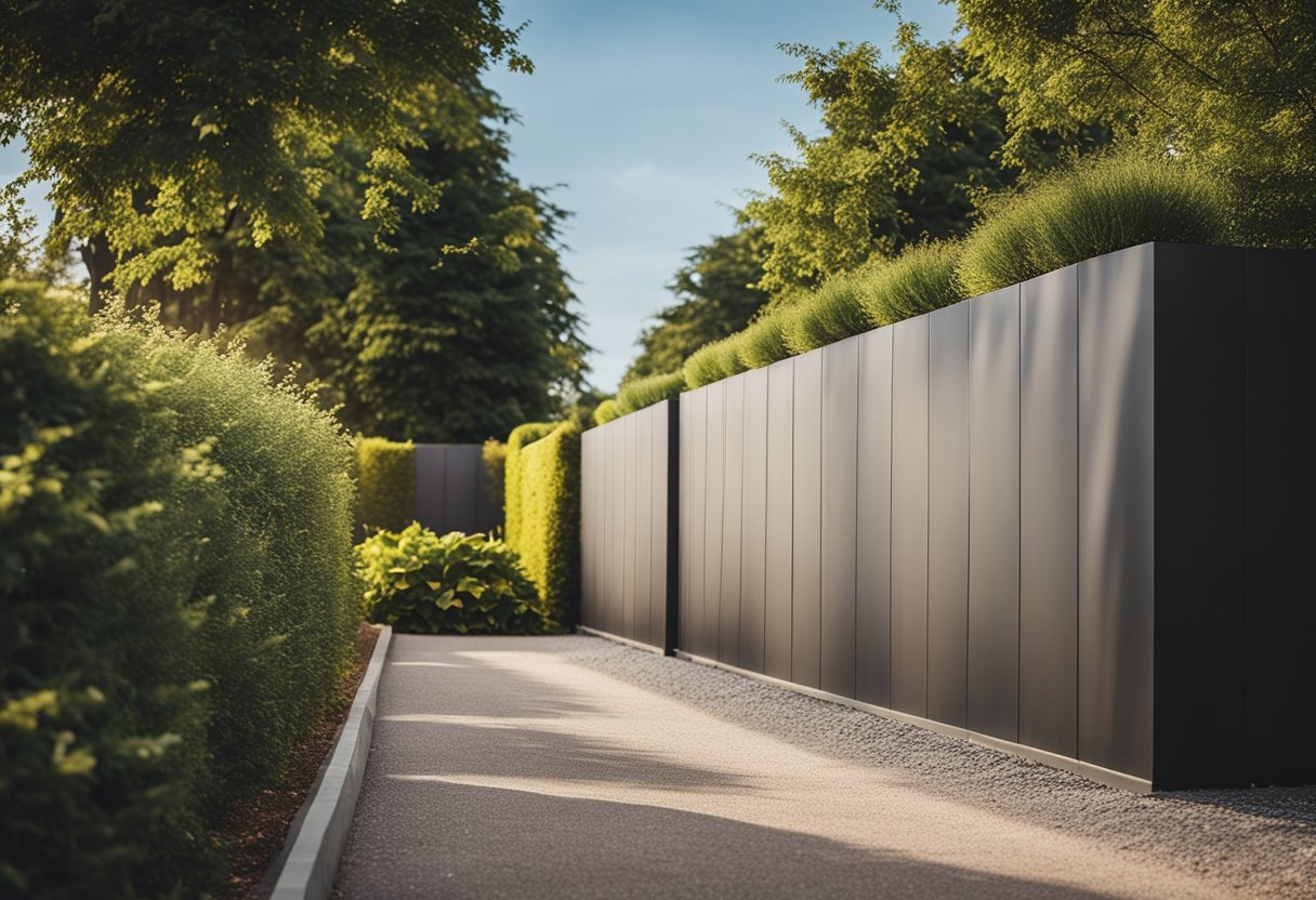 A tall barrier wall blocks highway noise in a backyard garden