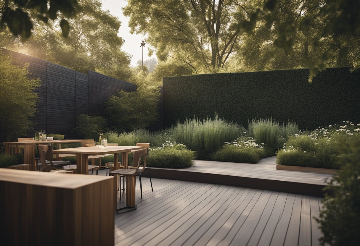A backyard with tall soundproof walls blocking highway noise, trees and bushes acting as natural barriers, and a serene outdoor seating area