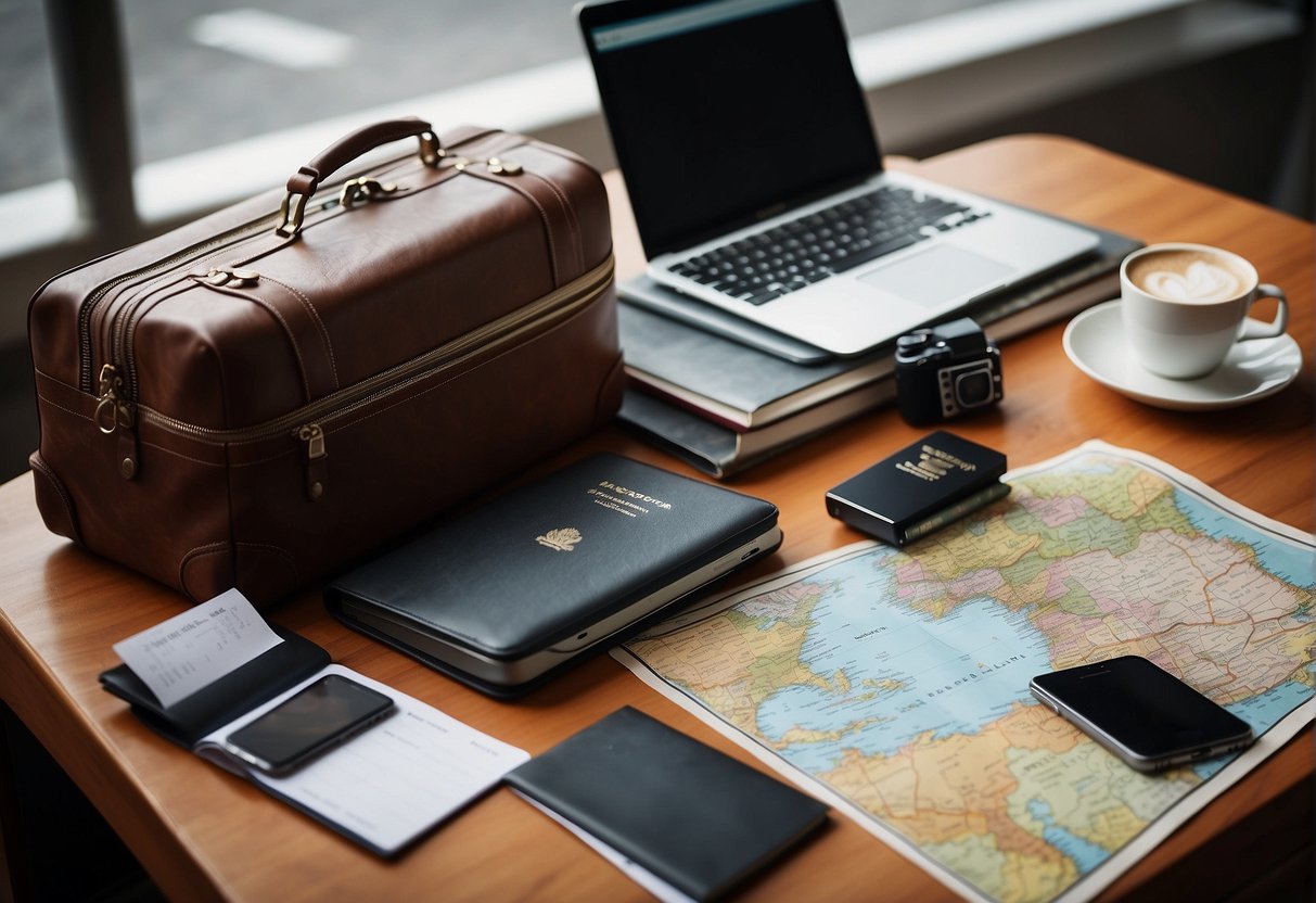A laptop and a suitcase sit side by side, with a map and a notepad showing a list of tasks. A plane ticket and a passport are nearby