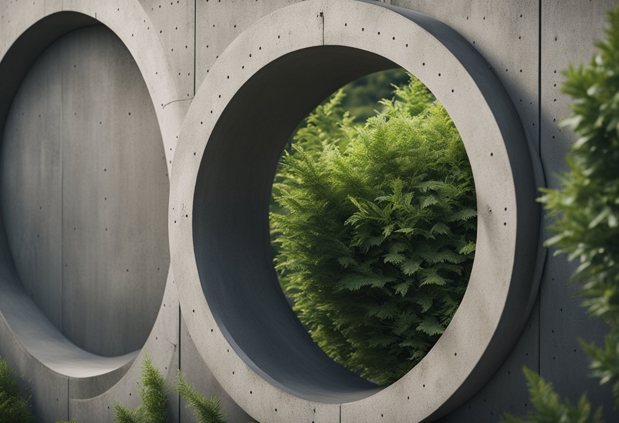 A tall sound barrier made of concrete and dense vegetation blocks highway noise from a backyard