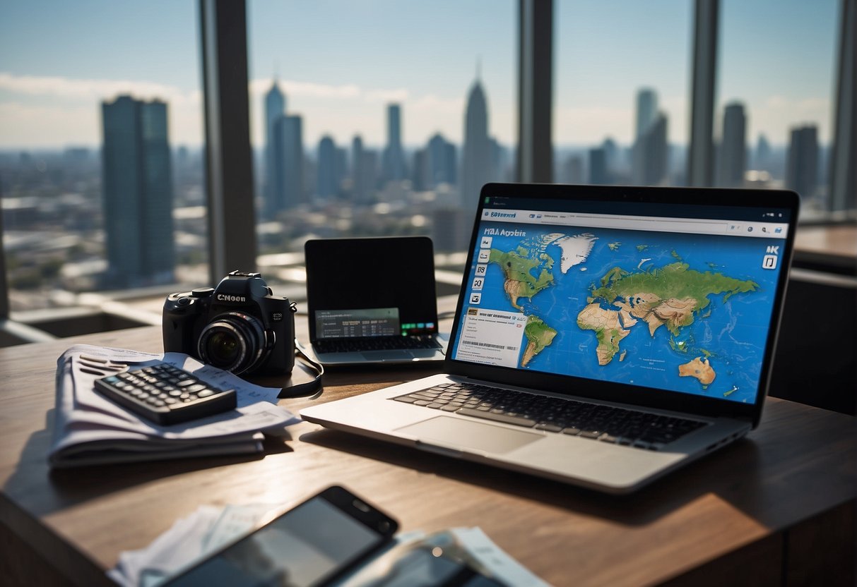 A laptop and passport on a desk, surrounded by maps, plane tickets, and a camera. A beach and city skyline are visible through a window