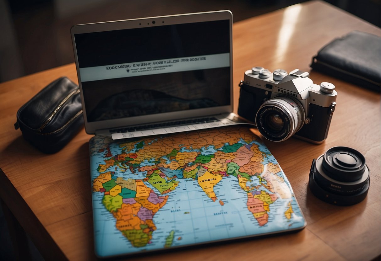 A laptop with travel stickers, a passport, and a map on a desk. A suitcase packed with clothes and a camera on the floor
