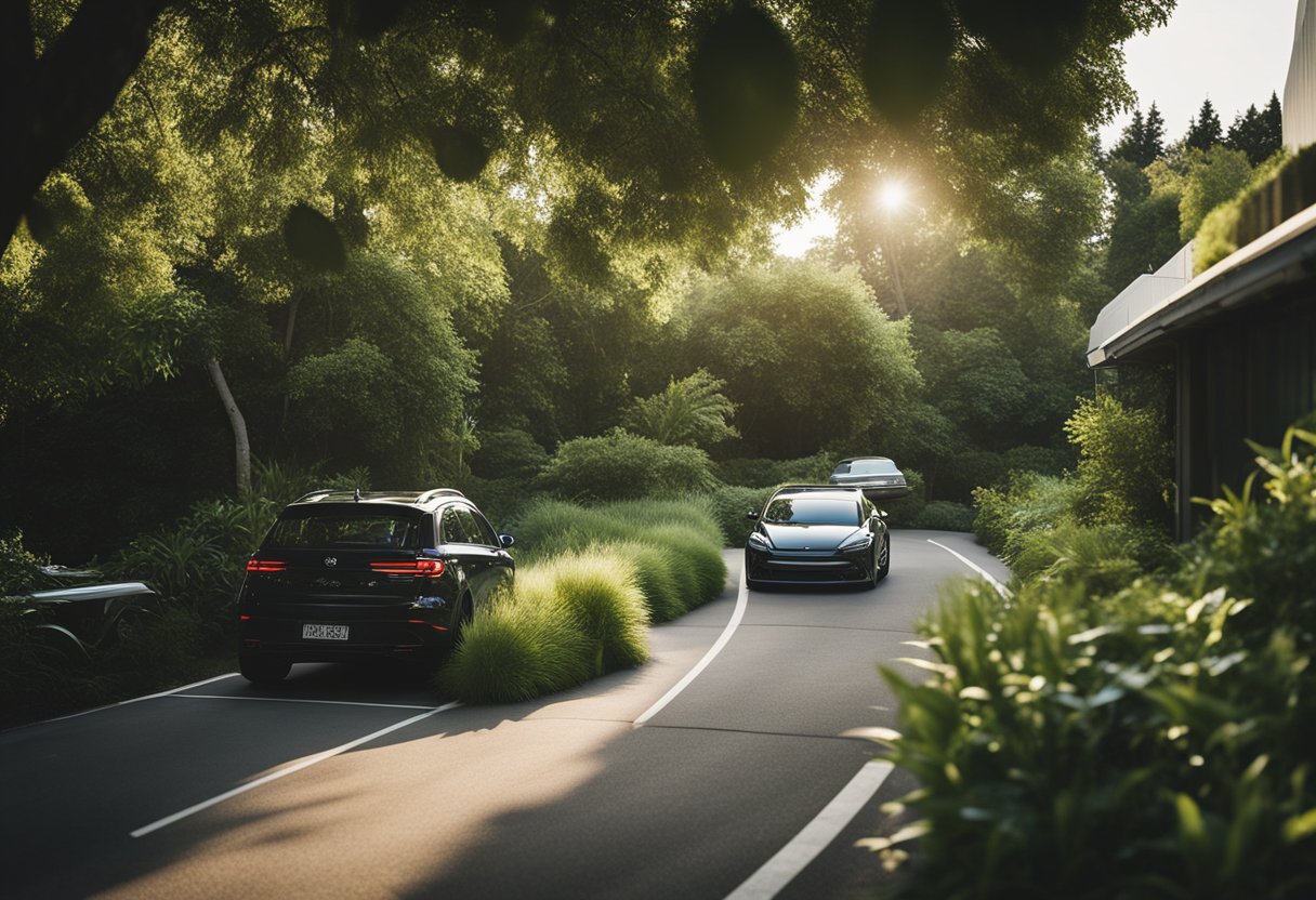 Lush greenery surrounds a backyard with a busy highway in the background. Trees, bushes, and tall grass provide a natural barrier, absorbing the sound of passing cars