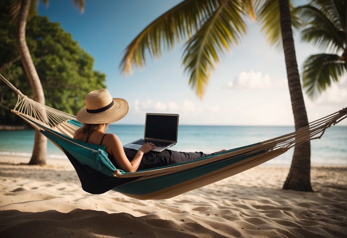 A person typing on a laptop while sitting in a hammock on a tropical beach, with a suitcase and travel accessories nearby