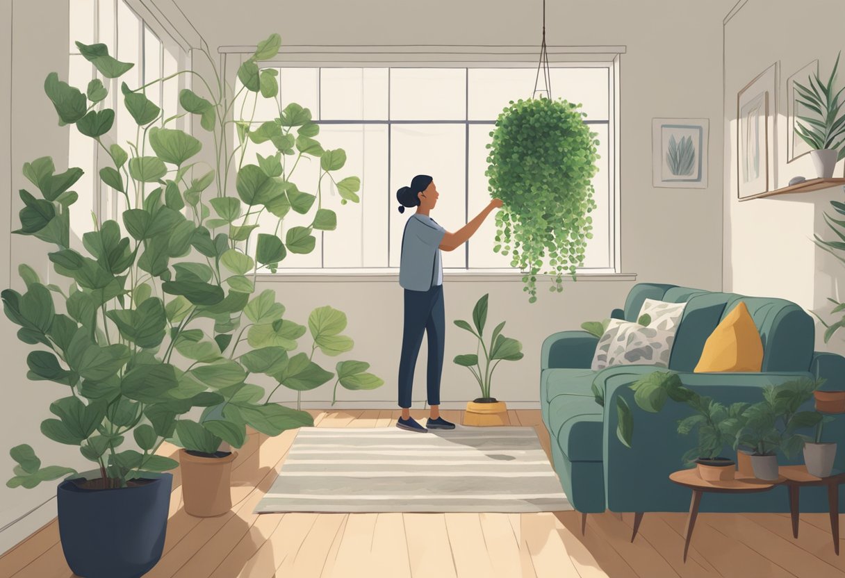 A person holding a leafy plant, looking at it with curiosity. The plant has long, thin stems with small, round leaves. The person is indoors, possibly in a living room or office setting