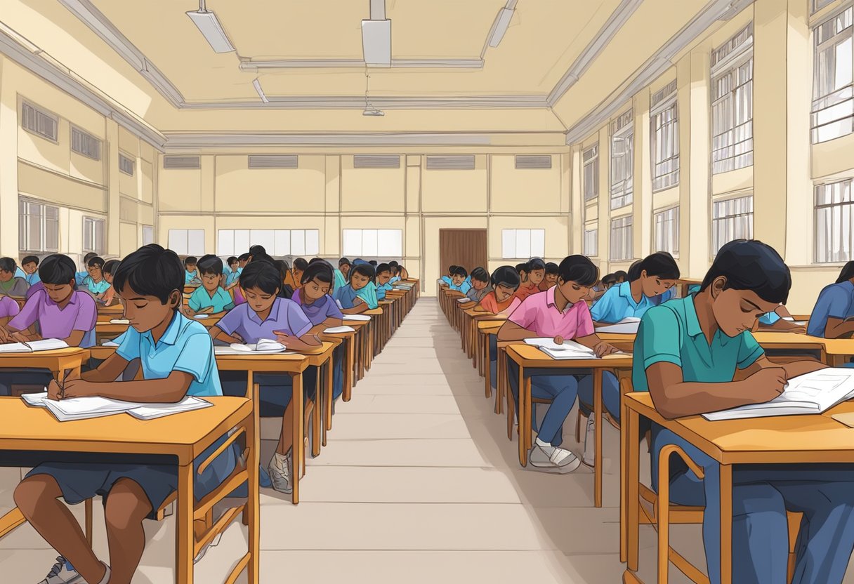 An array of students sit in a large exam hall, diligently working on their GCE Ordinary Level papers in Sri Lanka, 2023/2024