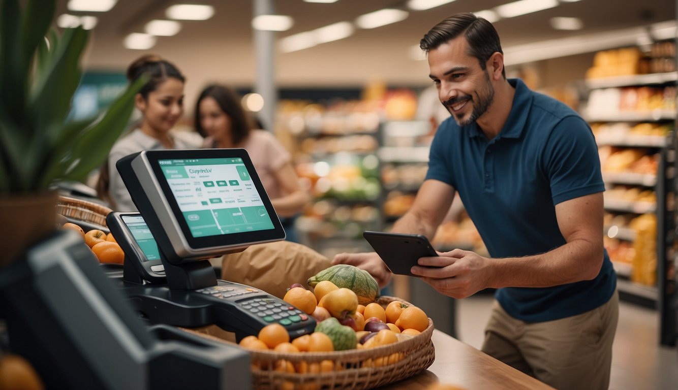 Customers scanning grocery items at checkout, receiving cashback rewards on a digital app
