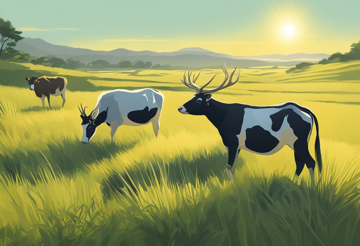 Animals grazing on lemon grass in a sunlit field