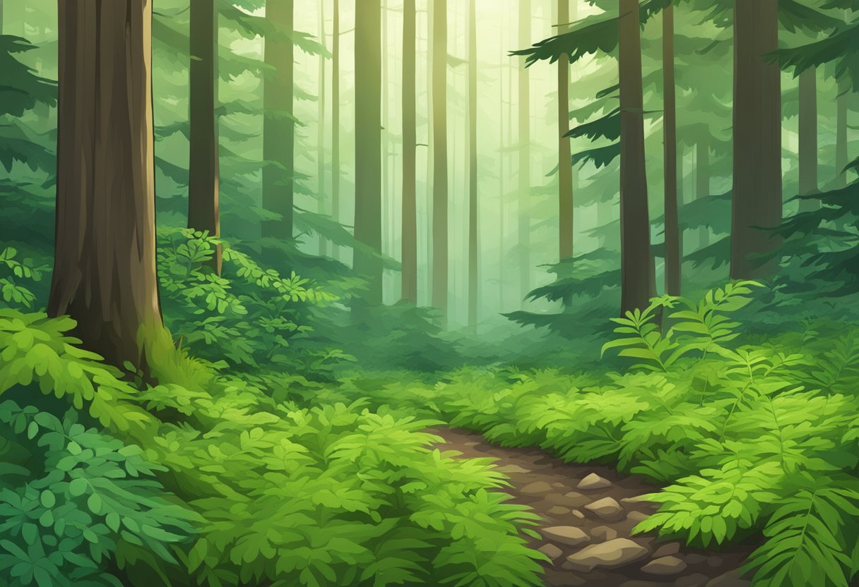 A lush green forest floor with patches of vibrant, poisonous hemlock plants