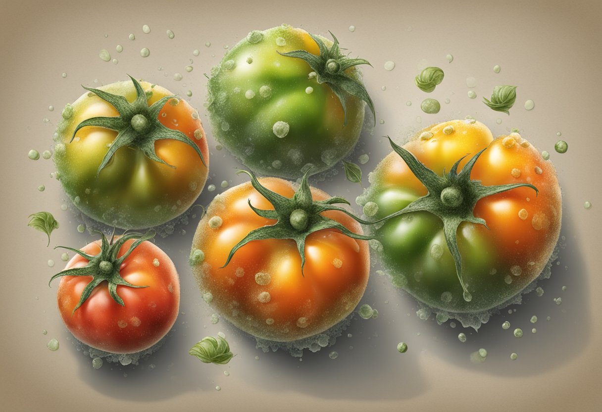 Rotten tomatoes with mold, brown spots, and a foul odor
