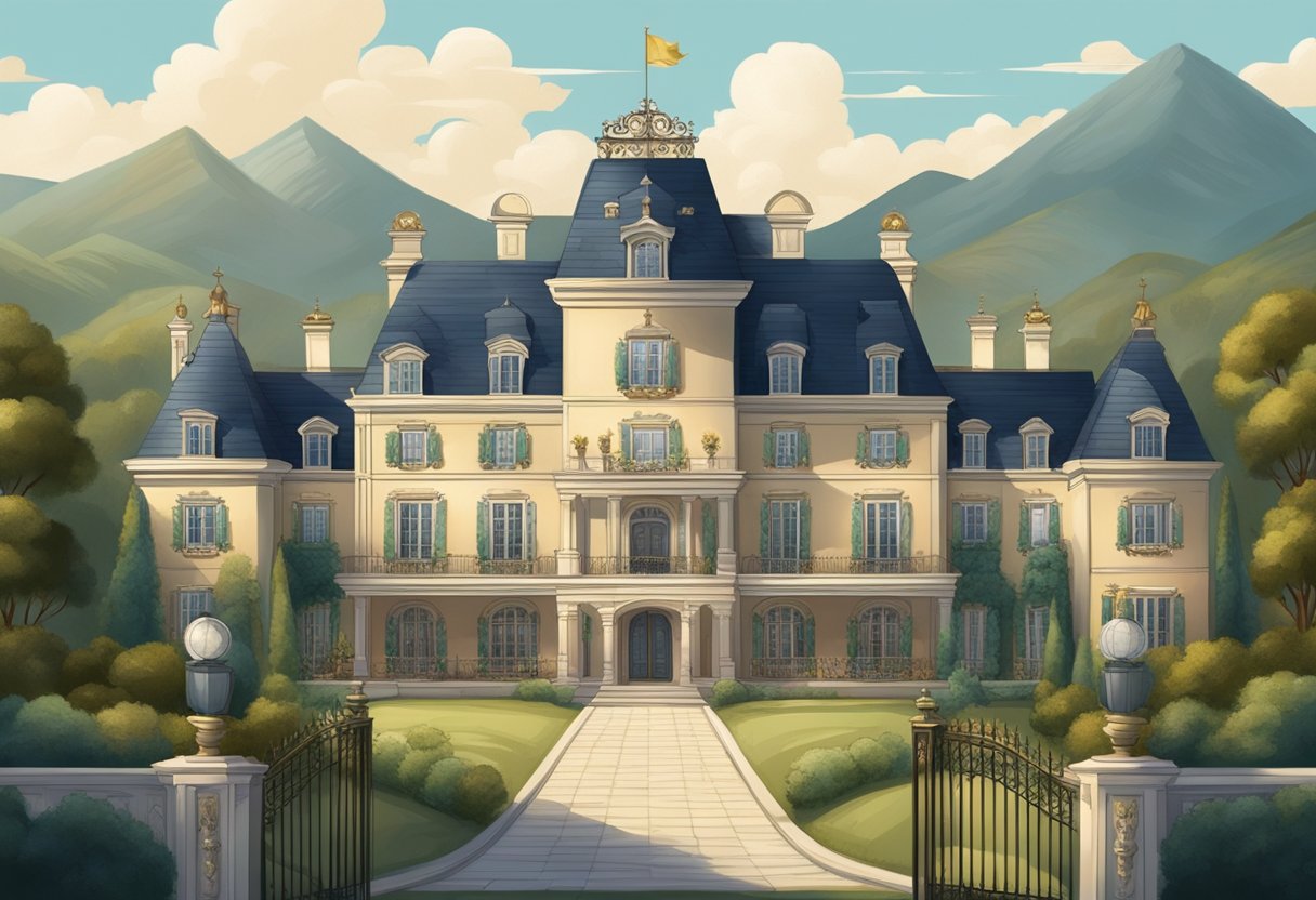 A grand mansion with a family crest emblazoned on the gates, surrounded by rolling hills and a sense of old-world opulence