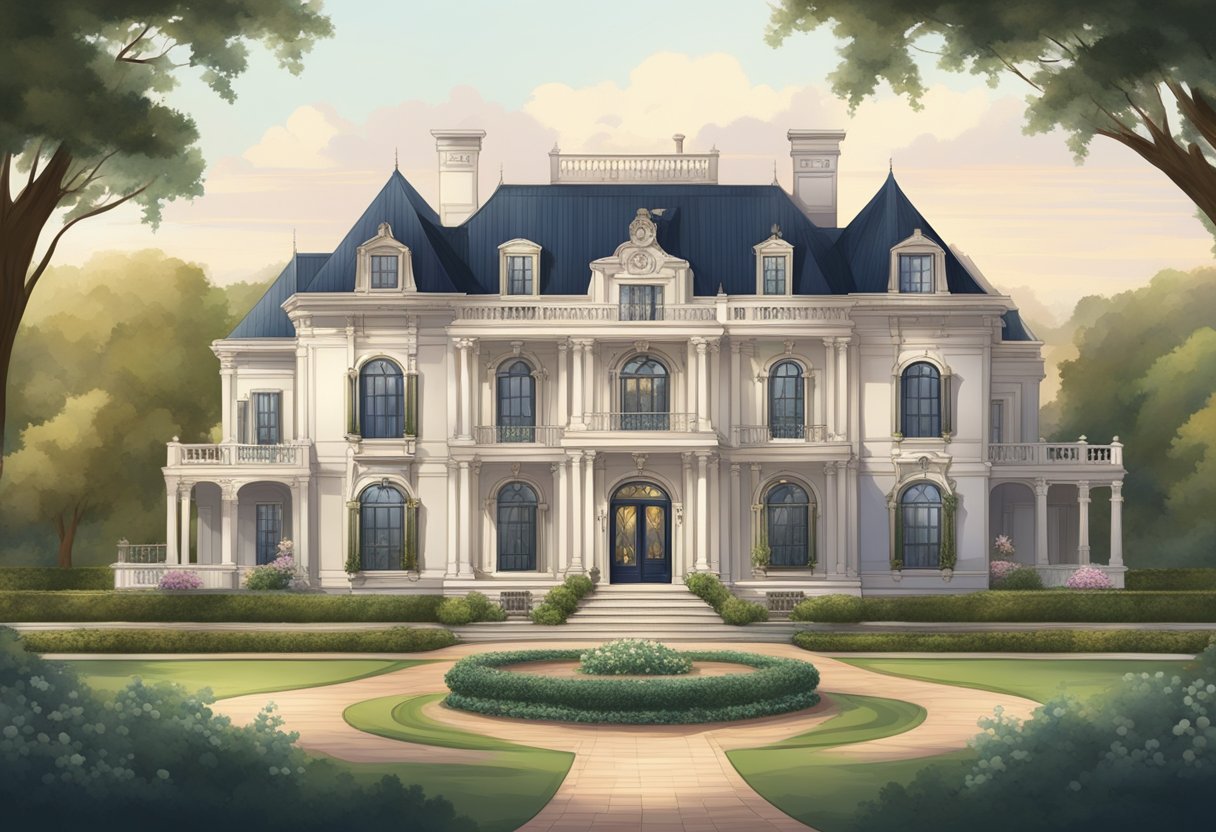 A grand, opulent mansion with a sprawling estate, adorned with a family crest and name plaque bearing the prestigious last name