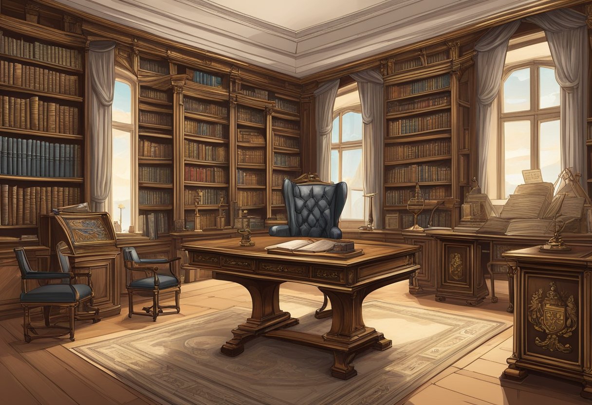 A grand library with antique books and a family crest on the wall. A vintage desk with a quill and ink set, surrounded by portraits of ancestors