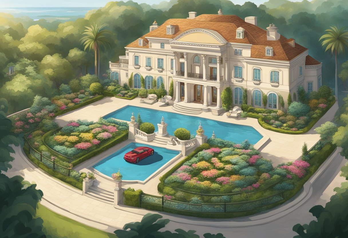 An opulent mansion with a grand entrance, adorned with a family crest and surrounded by lush gardens and a fleet of luxury cars