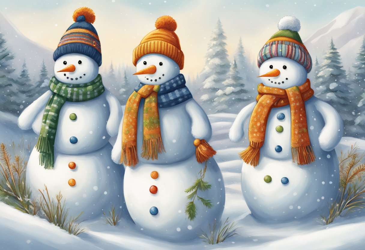 Three snowmen stand in a snowy field, each with a different name written on their chests in bold letters. The snowmen are adorned with scarves, hats, and carrot noses, giving them unique personalities