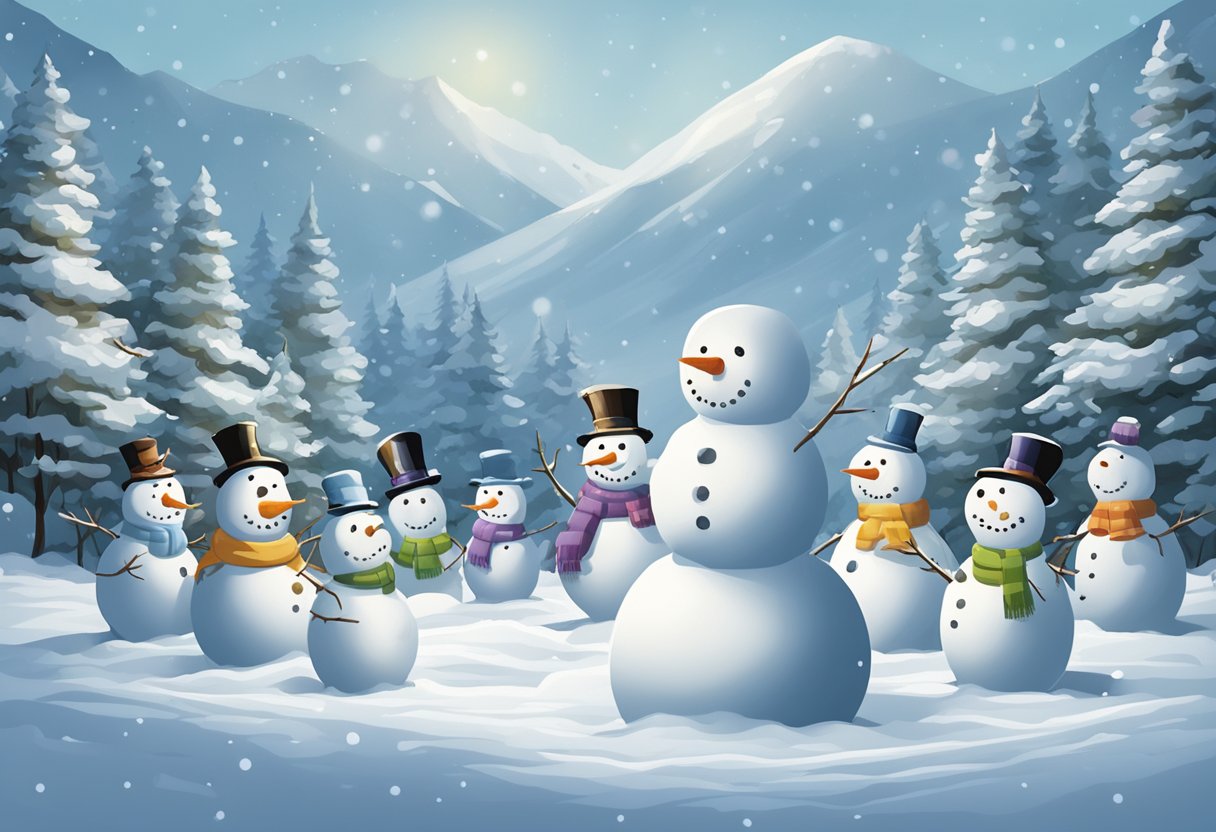 A snowman stands in a snowy field, surrounded by other snowmen, each with a different name written on their base