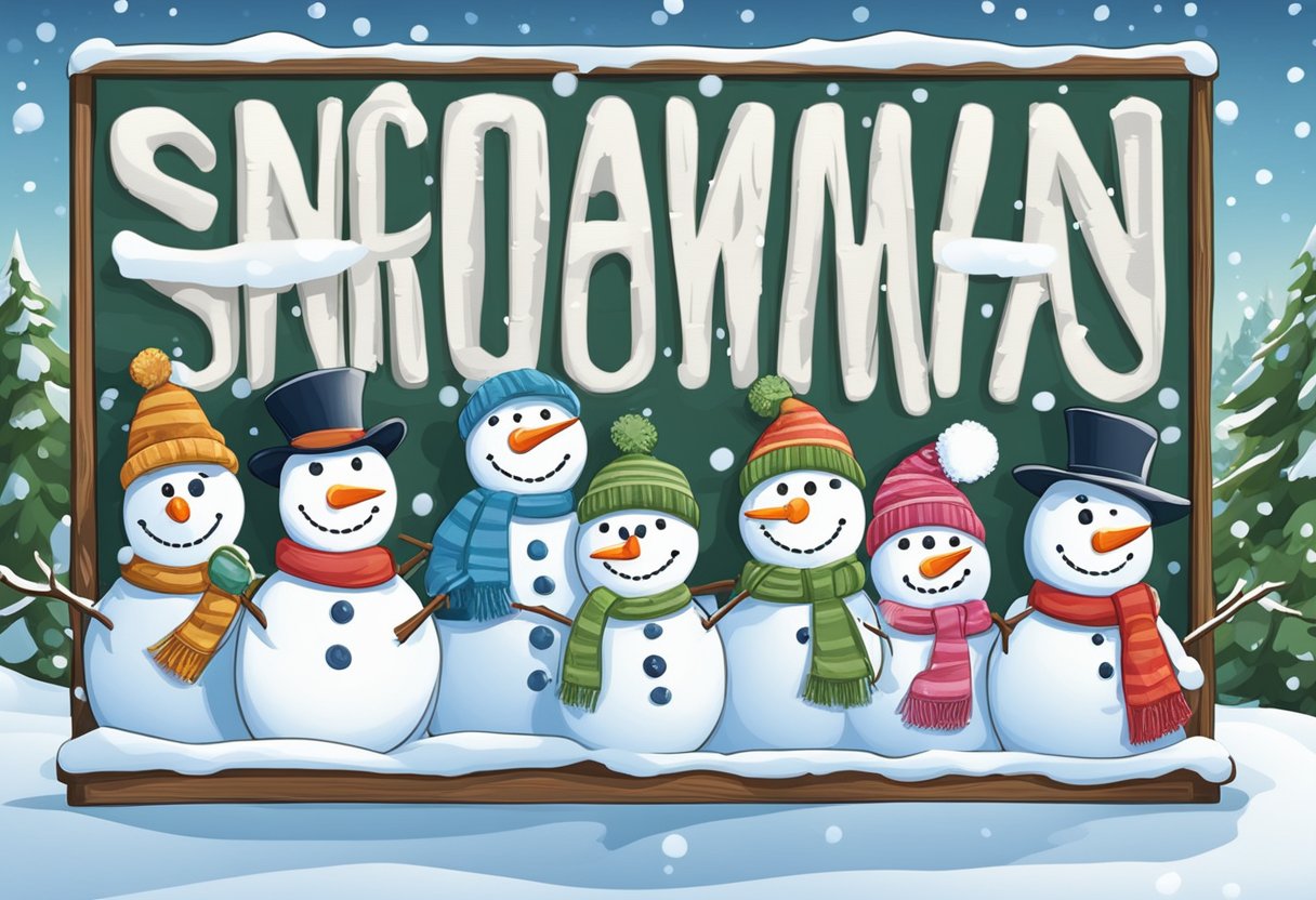 Snowman names written on a sign with a snowy background