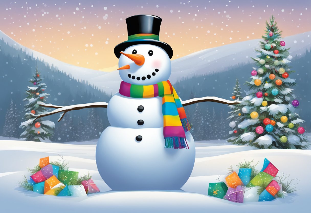 A cheerful snowman stands in a snowy field, adorned with a colorful scarf and a top hat. Surrounding it are whimsical snowflake patterns and a playful sign reading "Creative Naming Tips Snowman Names."