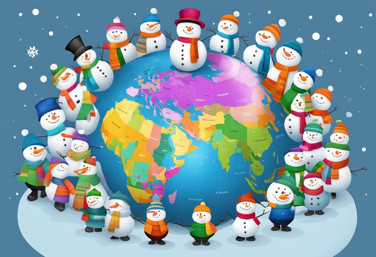 Snowmen with different names in different languages gathered around a globe