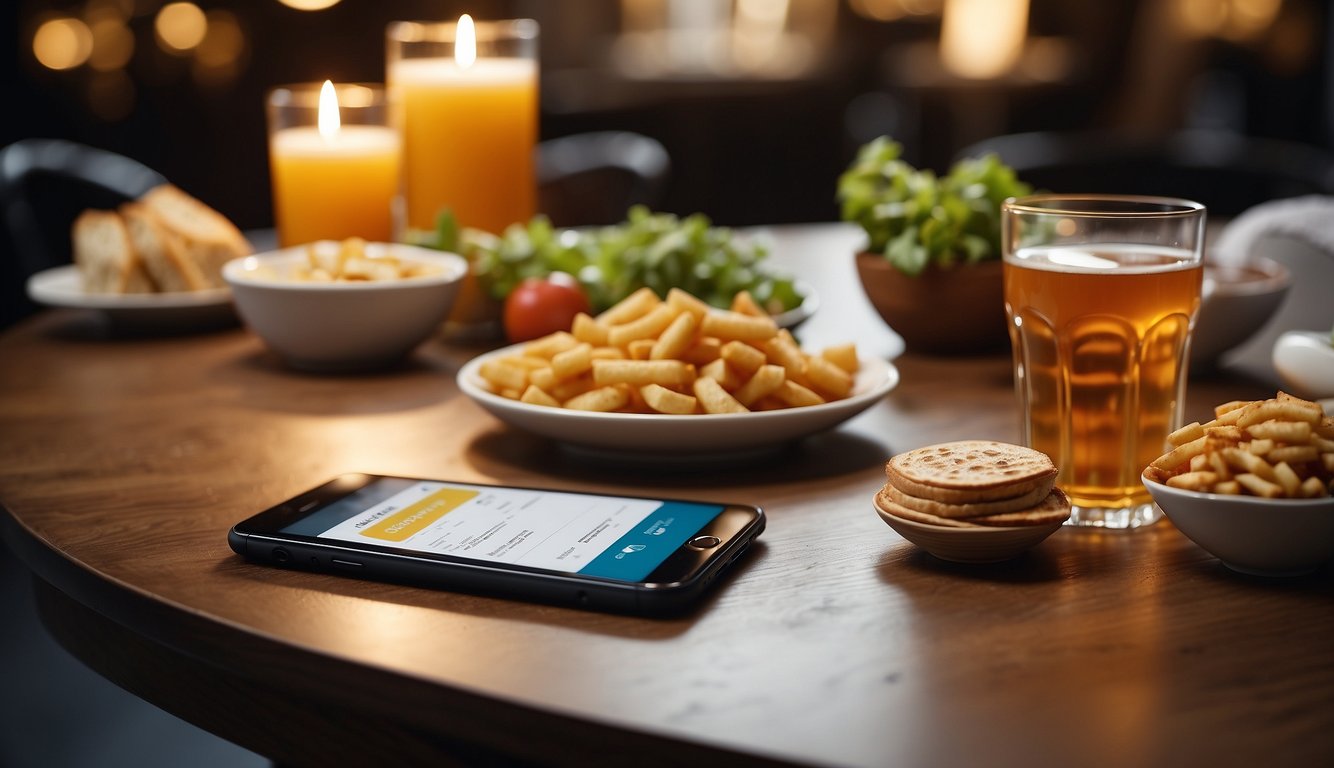 A table with food and drink items, a receipt, and a smartphone with a cashback app open, showing rewards being earned for restaurant and delivery purchases