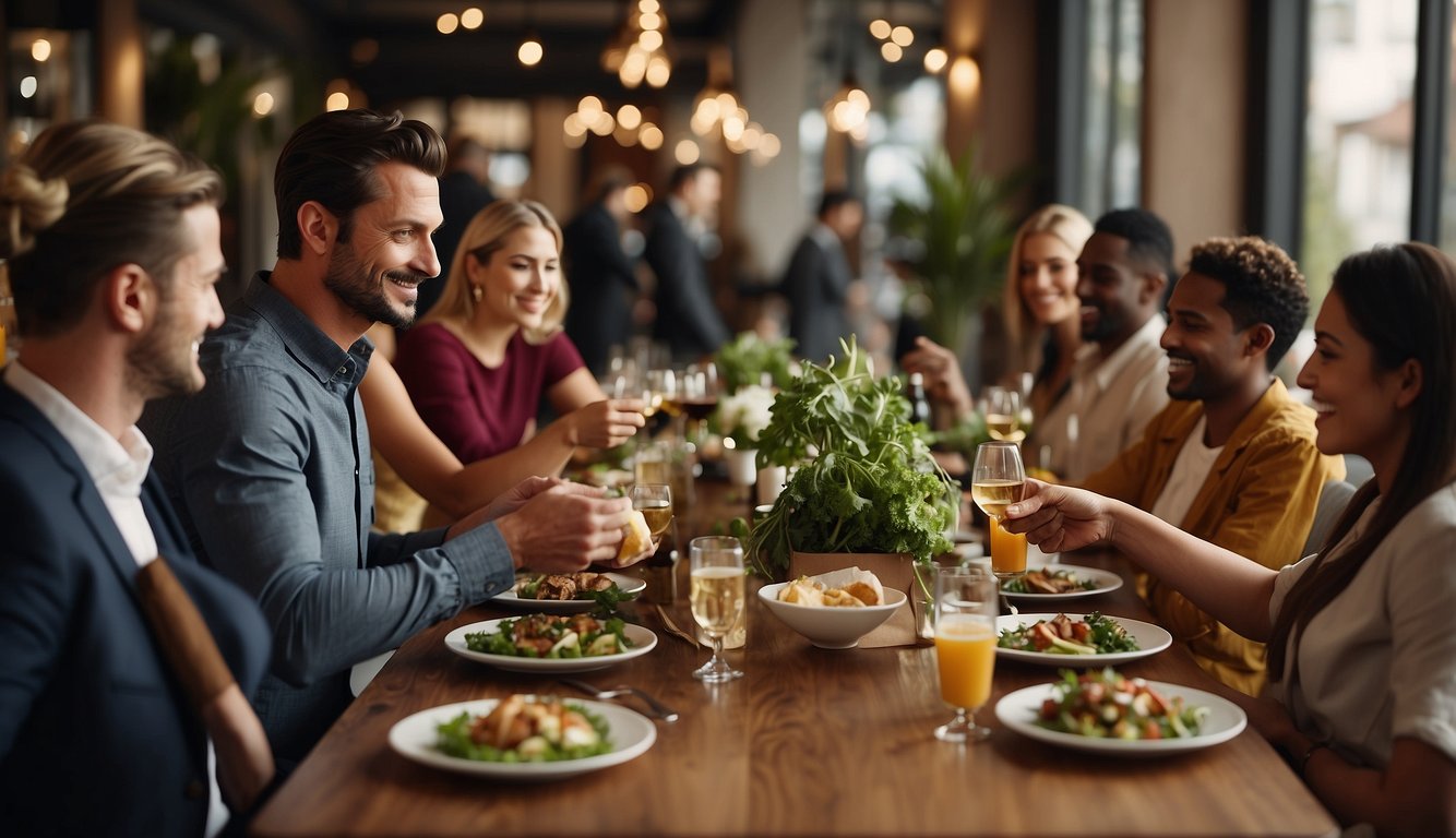 A group of people dining at a restaurant, with a waiter handing them cashback rewards. A delivery person is also seen delivering food with a cashback offer