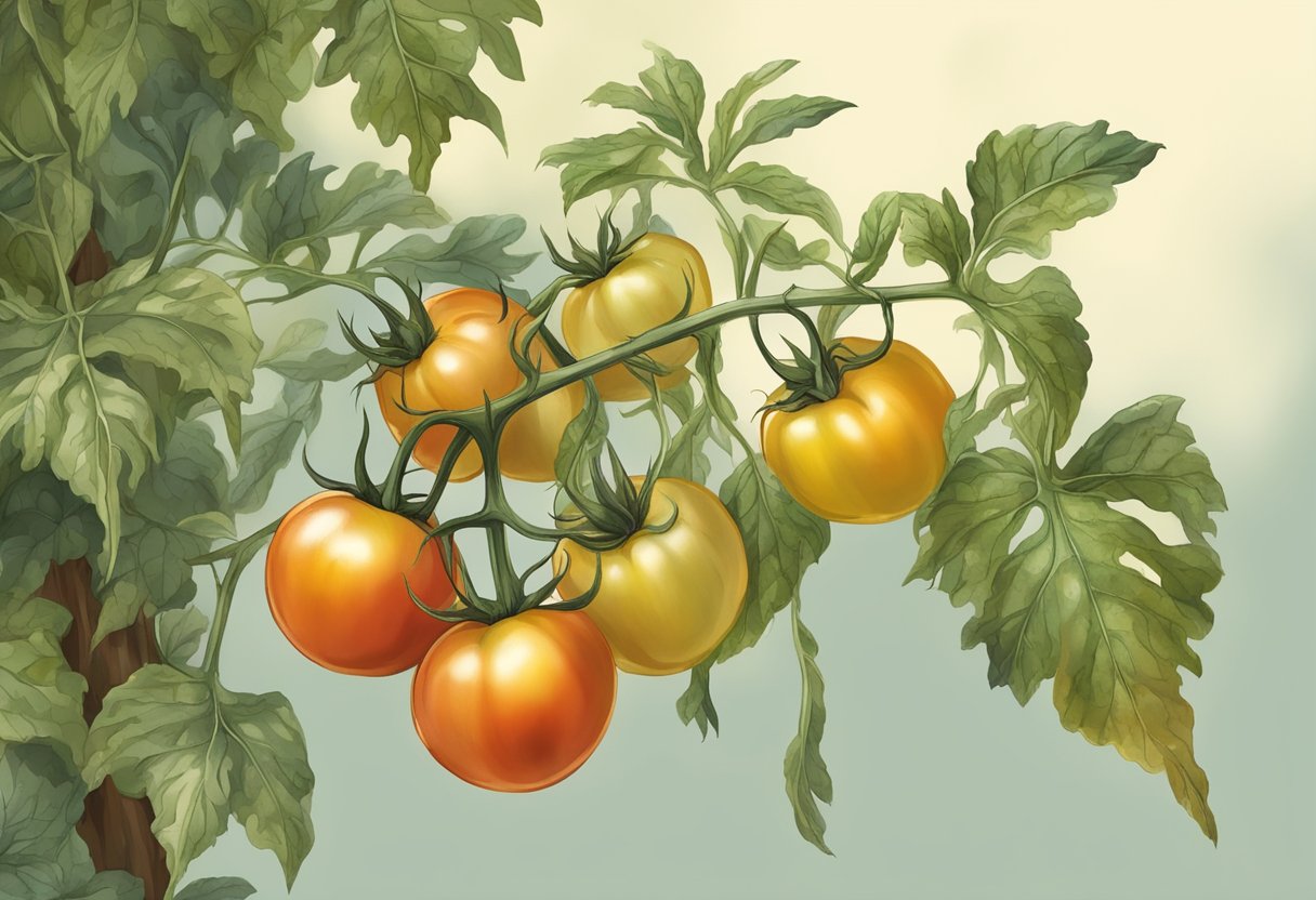 A wilting tomato plant with yellowing leaves and brown spots on the fruit