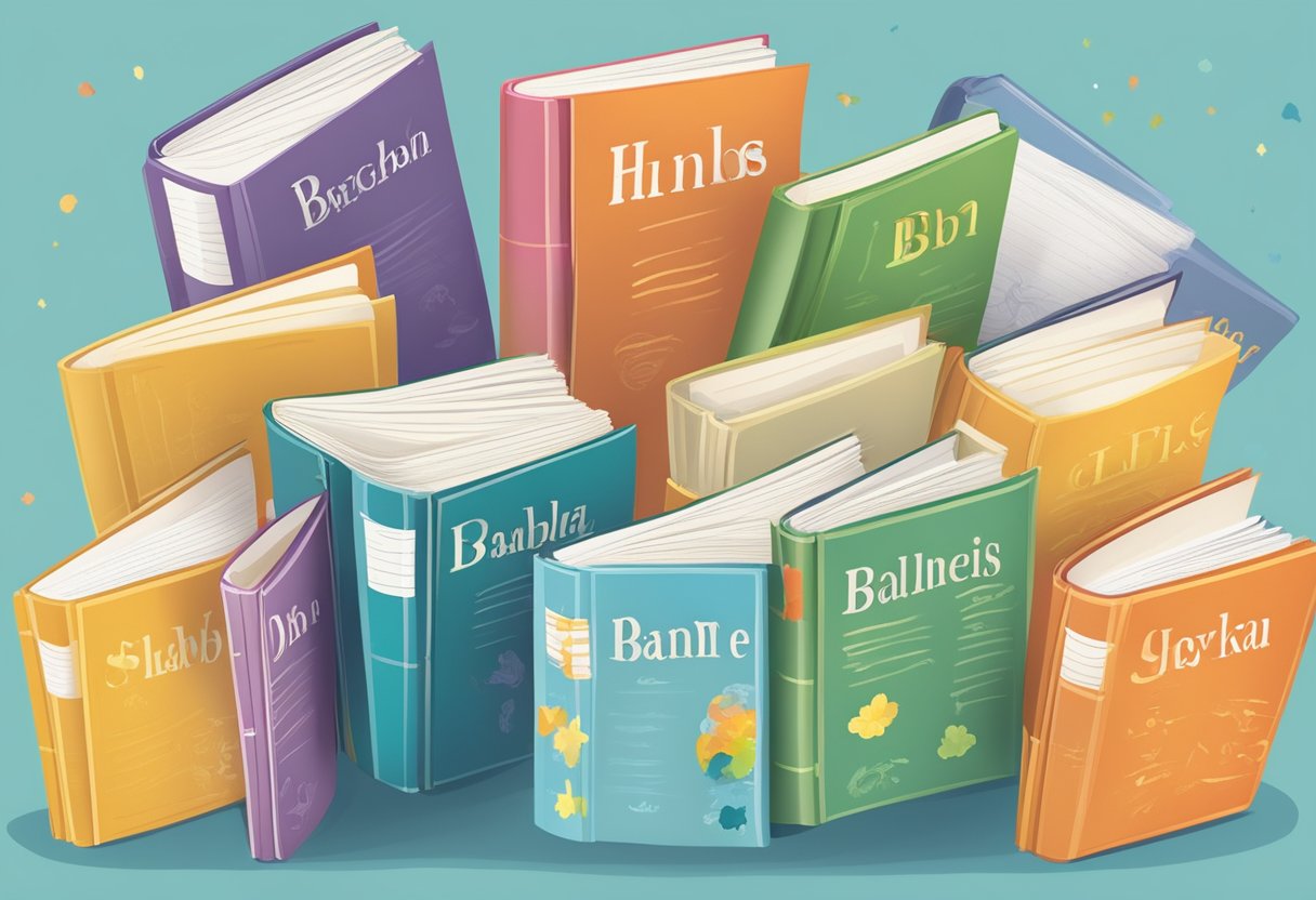 A colorful array of baby name books and dictionaries, with pages flipped open to popular bilingual boy names