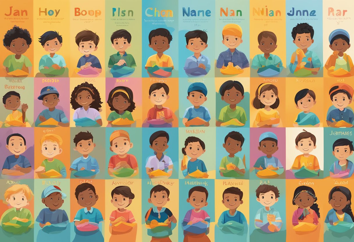 A colorful array of bilingual boy names displayed on a vibrant backdrop, representing the cultural significance and diversity of bilingual naming traditions