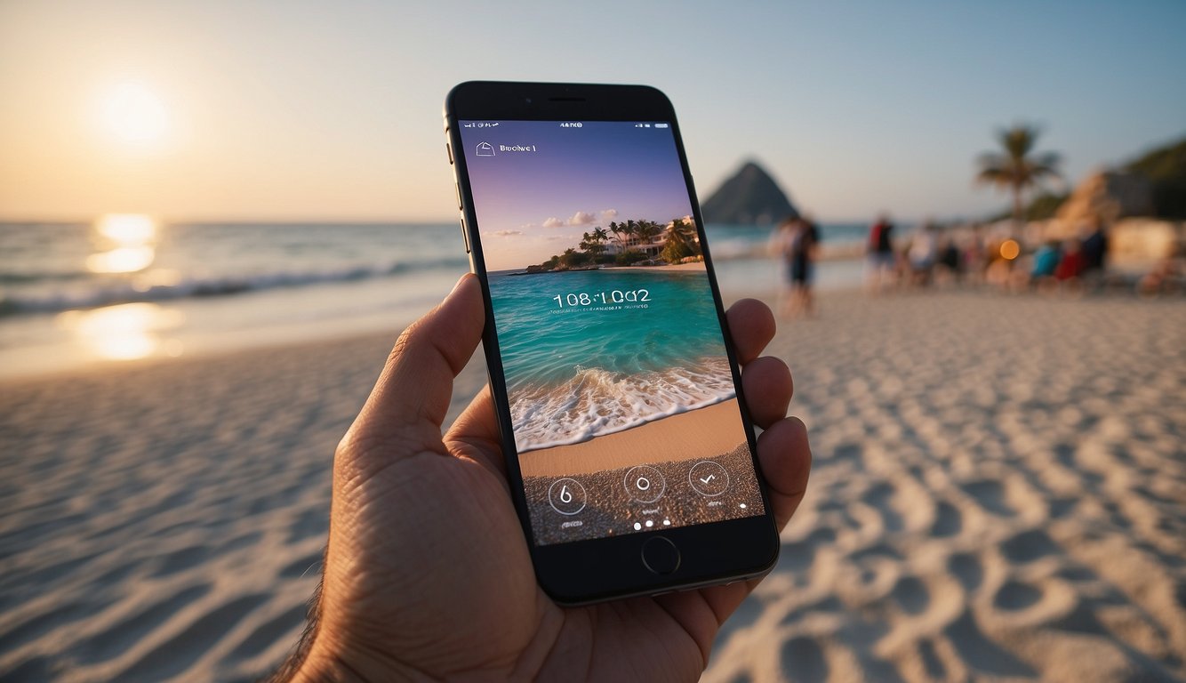 A smartphone displaying a travel app with a cashback offer on a scenic background of a beach or famous landmark