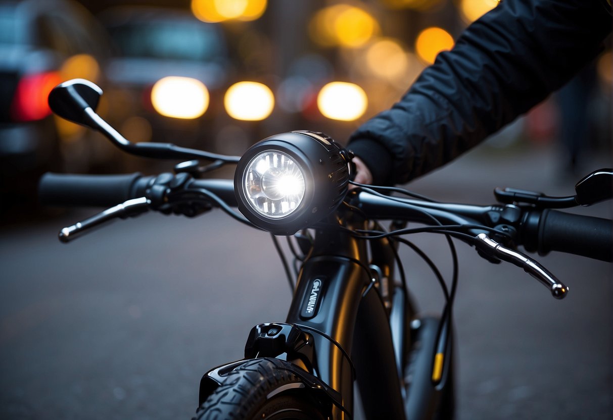 A person mounts a bright LED headlight onto the handlebars of an electric bike, adjusting the angle for optimal visibility