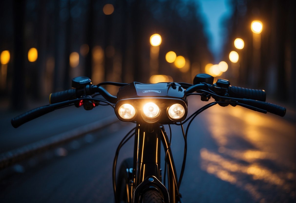 A bright electric bike headlight illuminates a dark road, casting a wide beam and ensuring safety and visibility for the rider