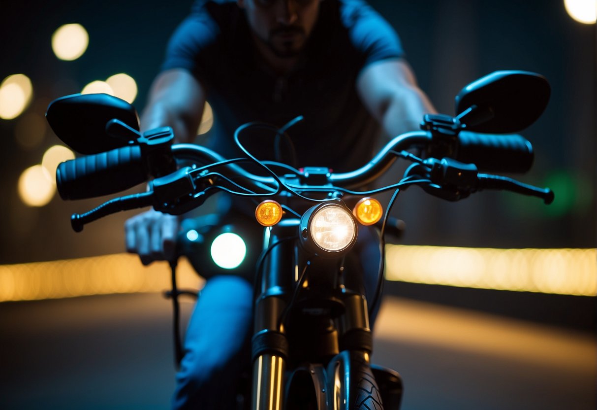 A hand flips a switch on the electric bike's handlebar, illuminating the headlight. The light beam cuts through the darkness, casting a bright glow on the path ahead