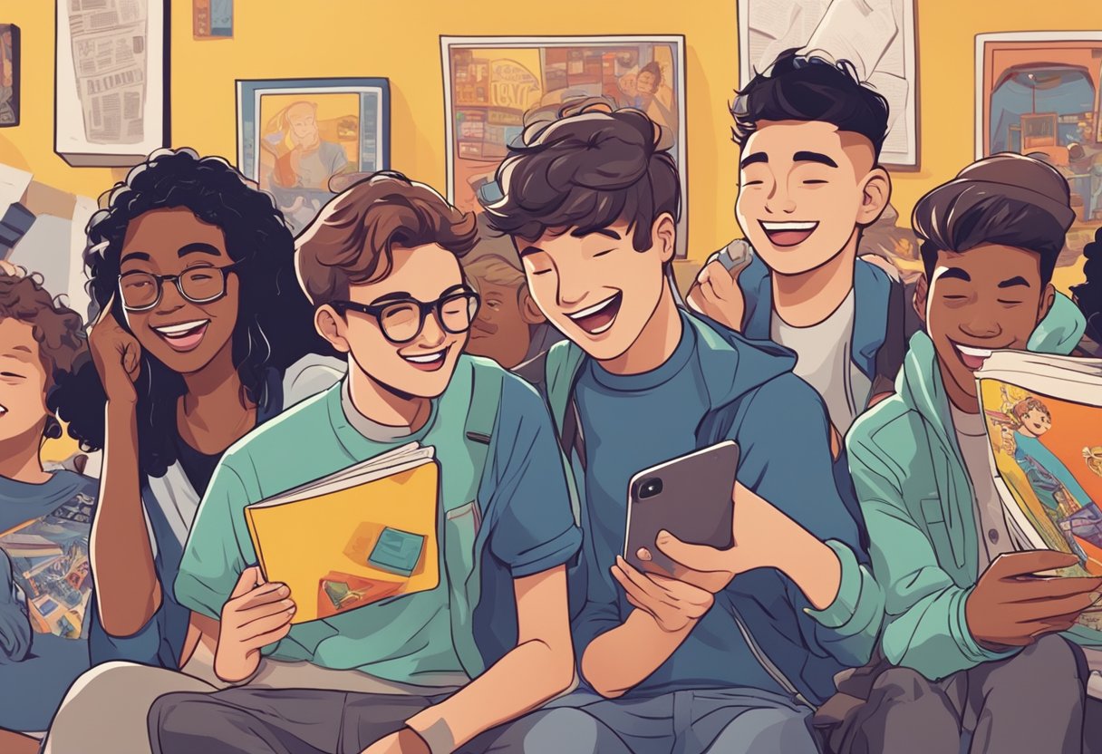 A group of teenagers laughing and chatting, surrounded by comic books and posters. One teen holds a smartphone, sharing a funny meme with the others